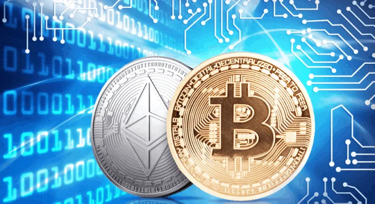 Monete di Bitcoin ed Ethereum su sfondo digitale
